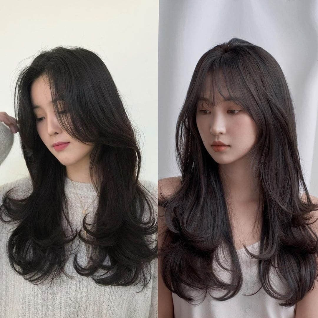cabelo comprido coreano com franja