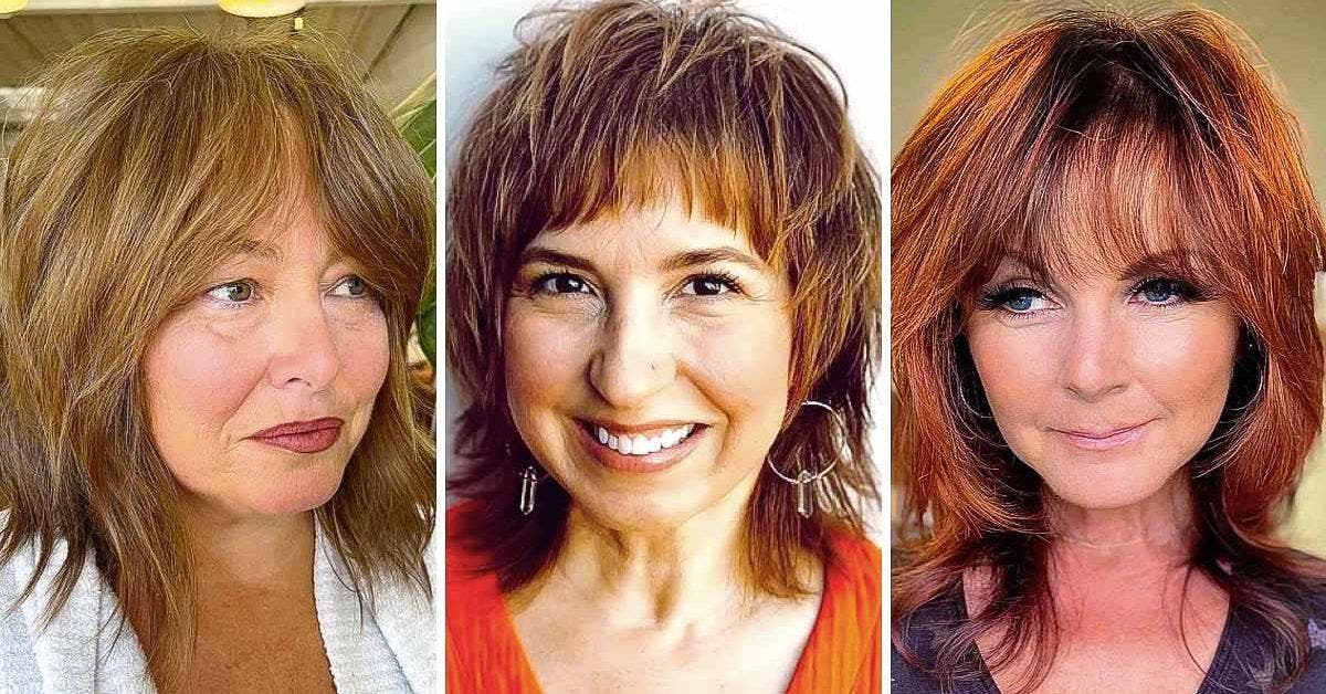 20 coupe de cheveux mi-long dégradé effilé avec frange pour les femmes de plus de 50 an