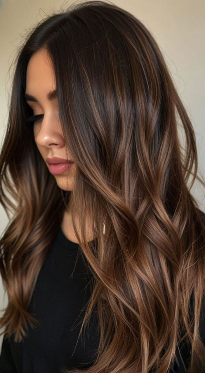 Balayage caramel avec reflets chocolat