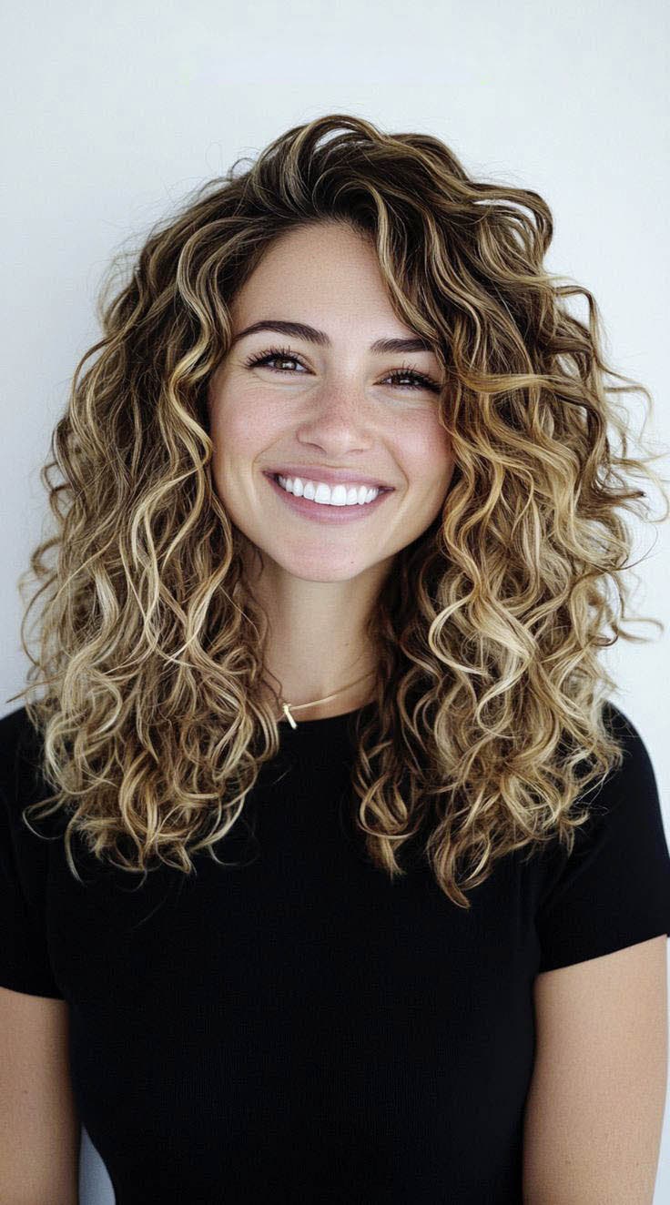 Balayage doré sur cheveux bouclés Balayage doré sur cheveux bouclés