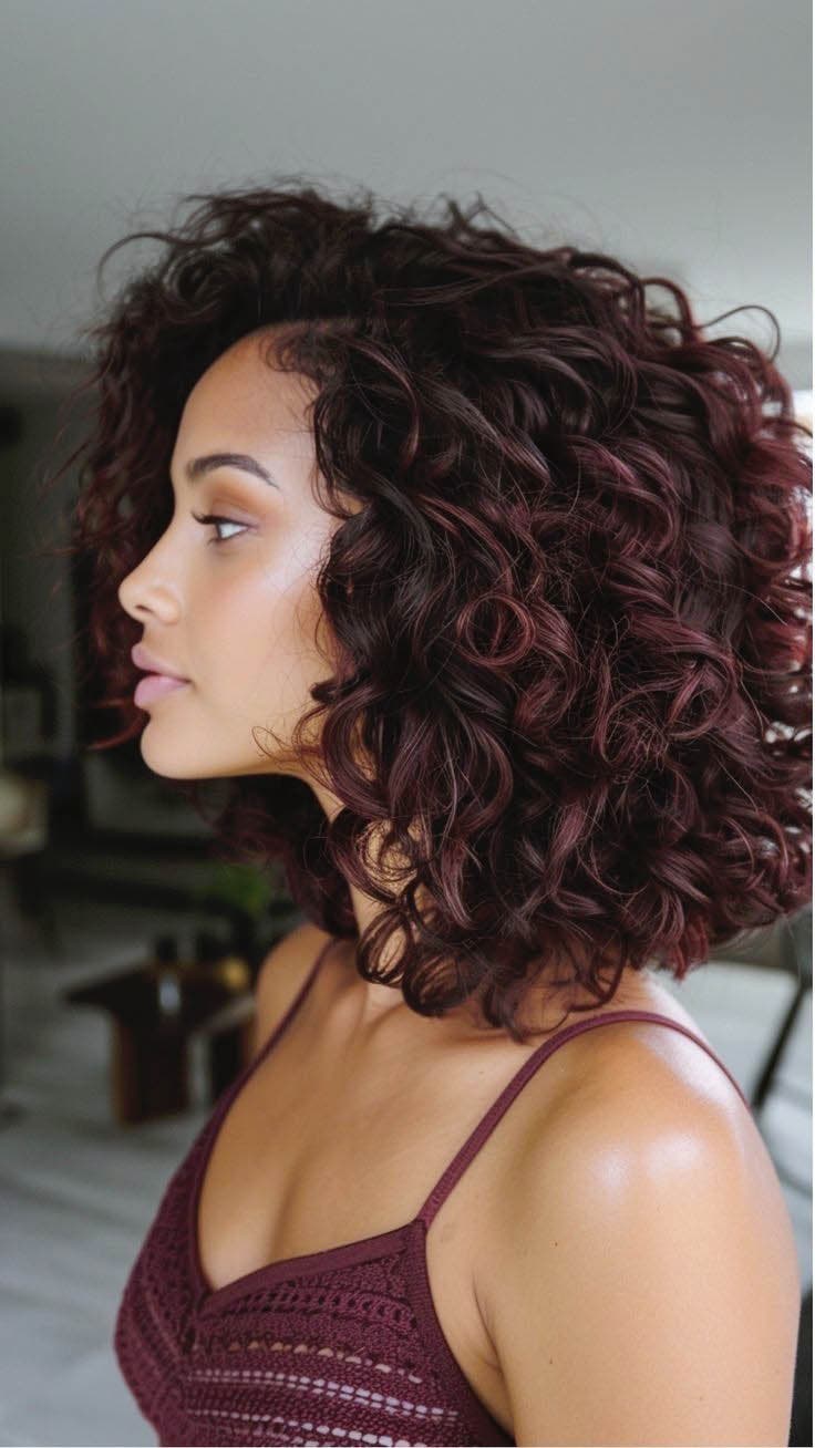 Cheveux bouclés reflets rouge foncé Cheveux bouclés reflets rouge foncé