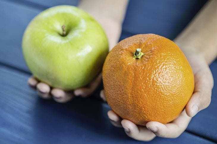 Compare an orange and an apple.