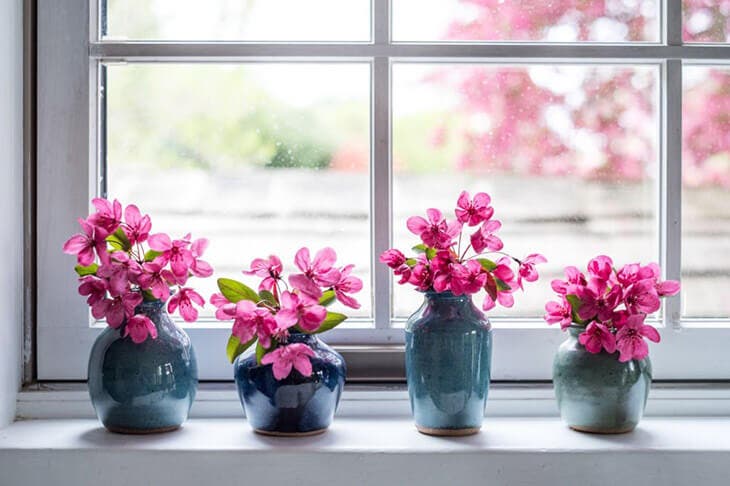 Des fleurs placees dans un vase pres de la fenetre