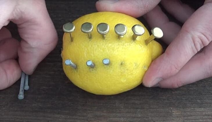 Clave las uñas en un limón