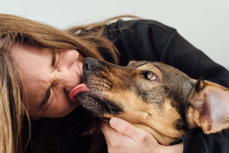 The dog licks the face of its owner.