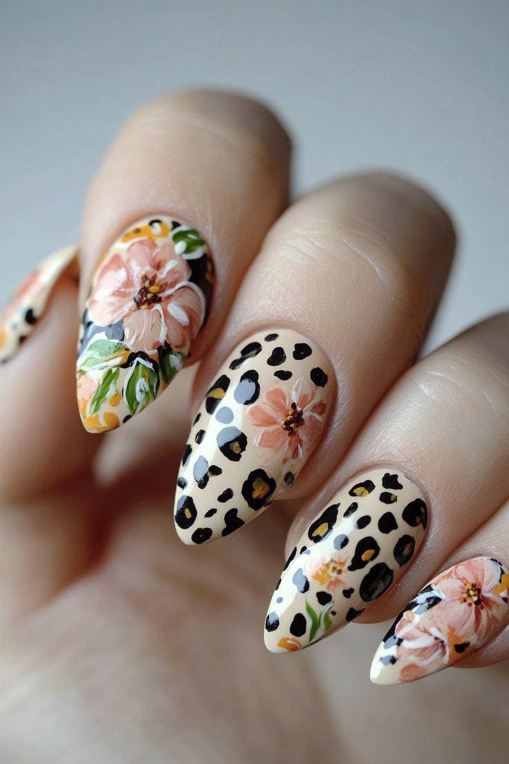 Manucure léopard avec des fleurs Manucure léopard avec des fleurs