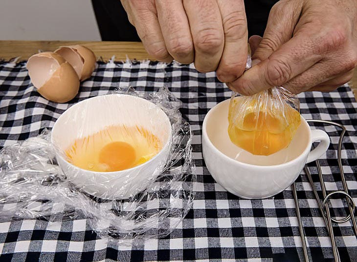 Put an egg in cling film.