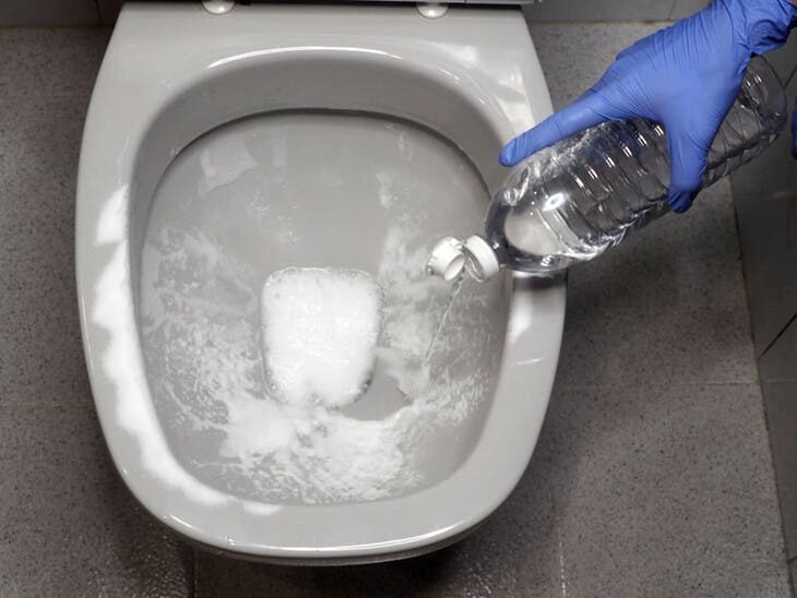 Clean the toilet thoroughly with vinegar and baking soda