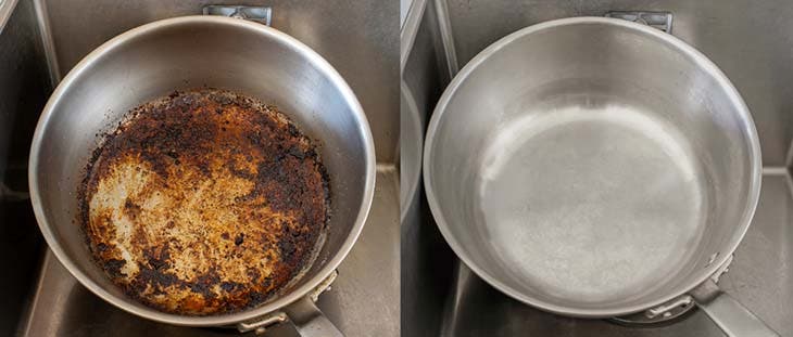 cleaning a burnt pan