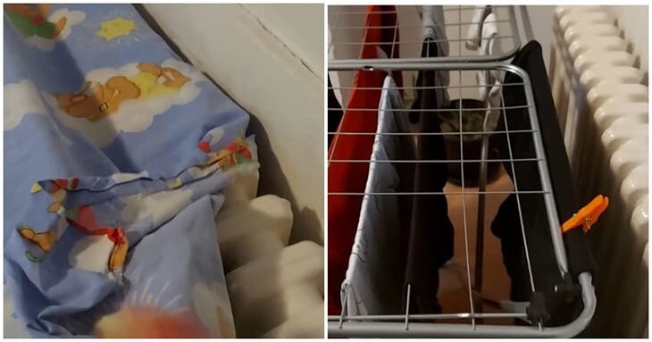Placer un étendoir à linge à proximité du radiateur et le couvrir avec un drap de lit Placer un étendoir à linge à proximité du radiateur et le couvrir avec un drap de lit