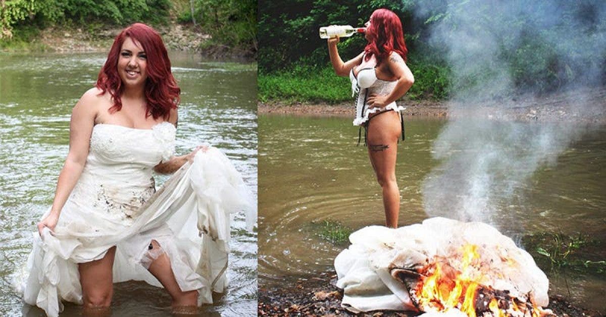 Une femme organise une séance photos pour fêter son divorce où elle met sa propre robe de mariage en feu