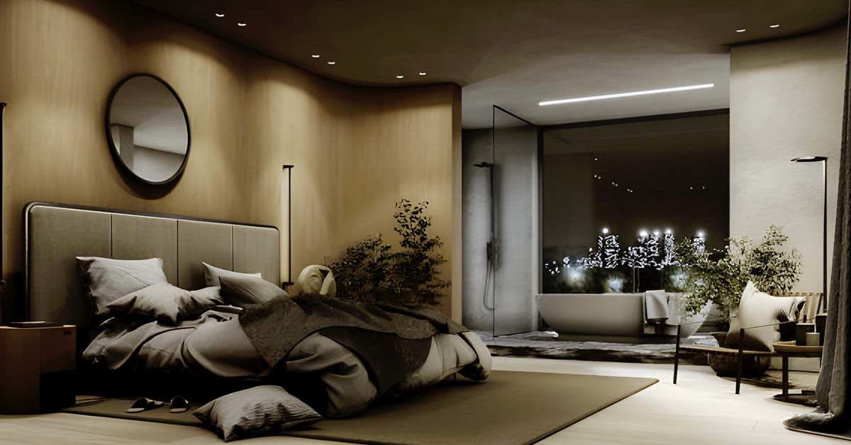 La combinaison de la chambre à coucher et de la salle de bains est moderne et élégante